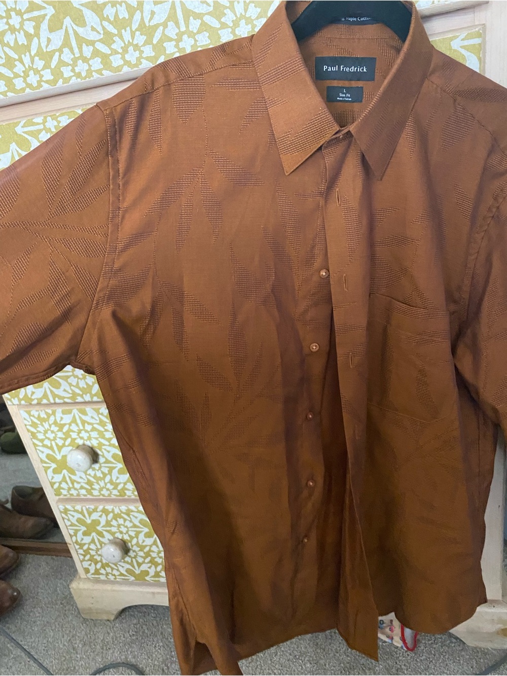 Paul Fredrick Men's caramel cotton leaf jaquard Patterned Dress Shirt
